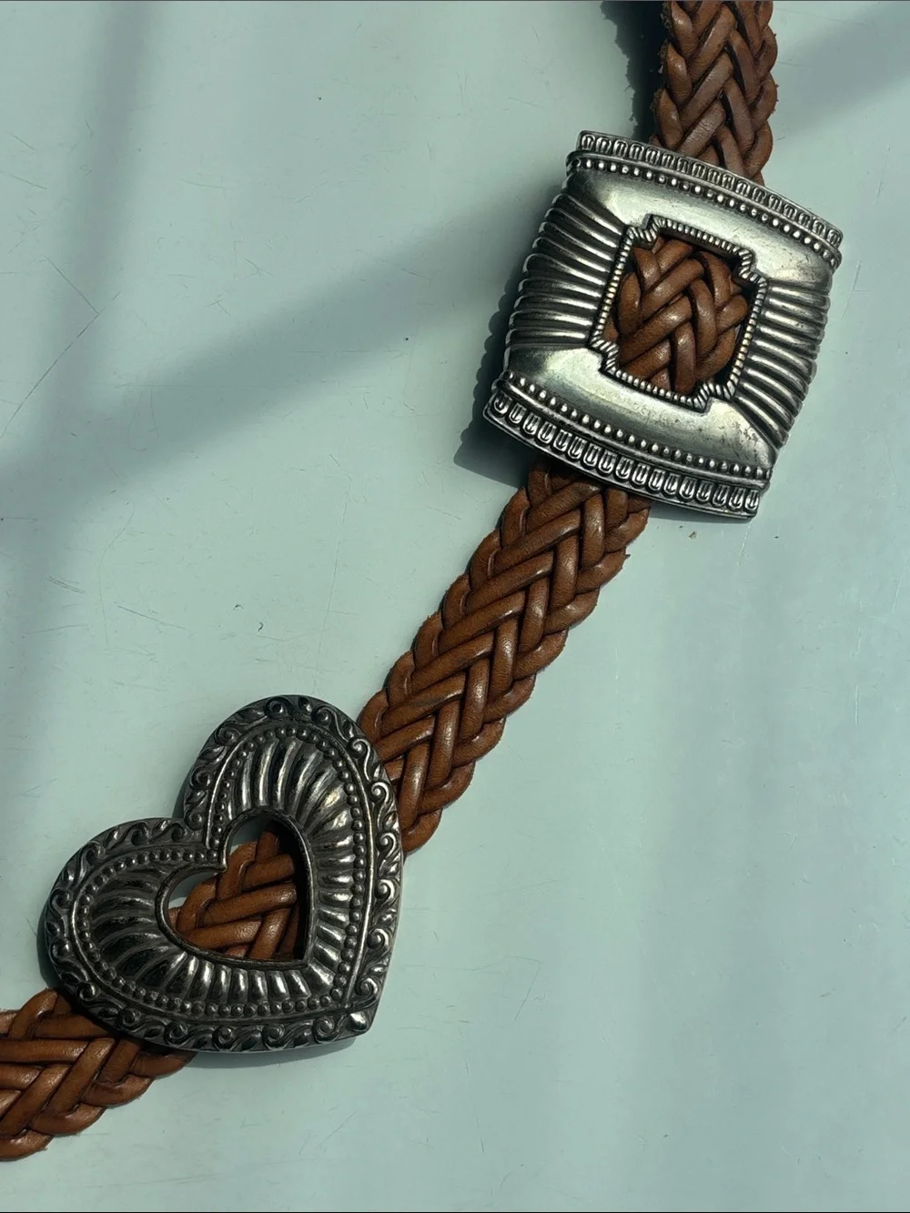 VTG 1994 Brighton Tan Braided Leather Belt with Silver Heart + Cross Conchos